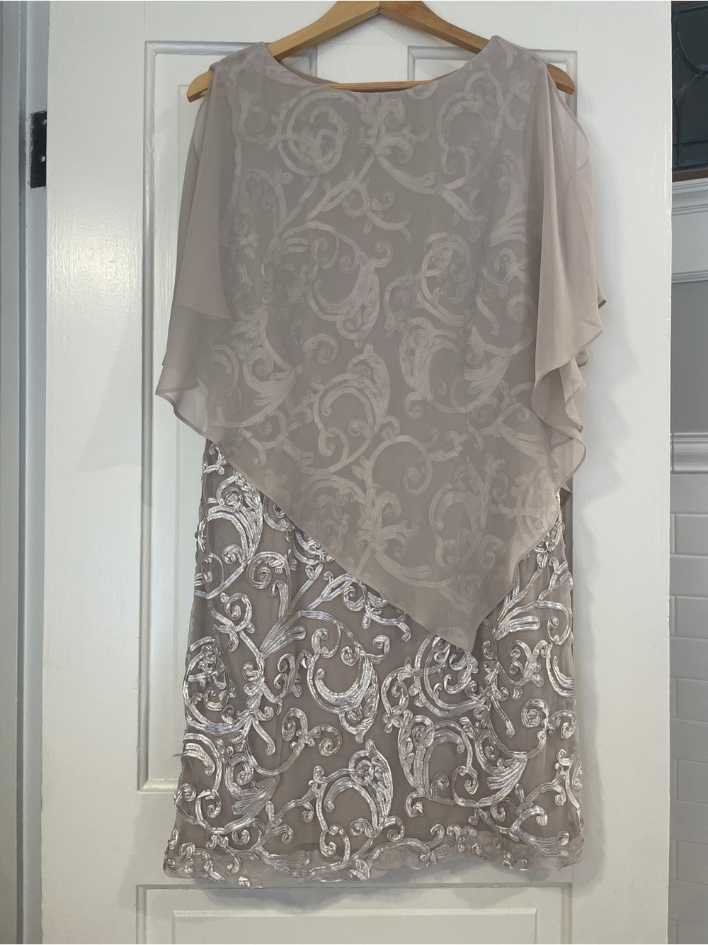 Studio One Taupe Chiffon & Metallic Embroidered Midi Dress
